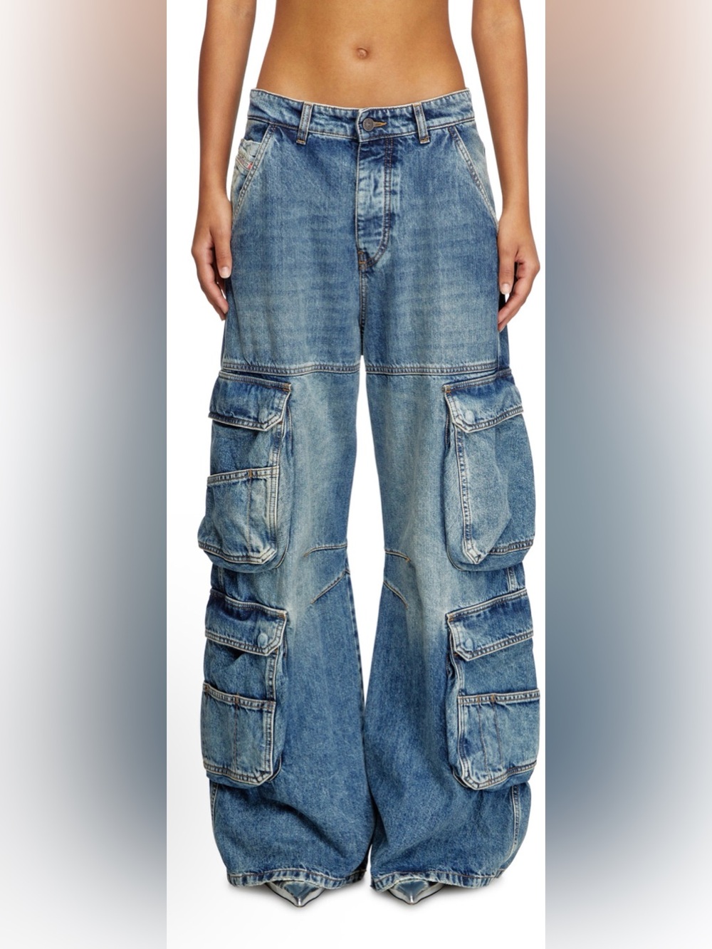 Light Blue Denim Wide-Leg Cargo Jeans Skirt